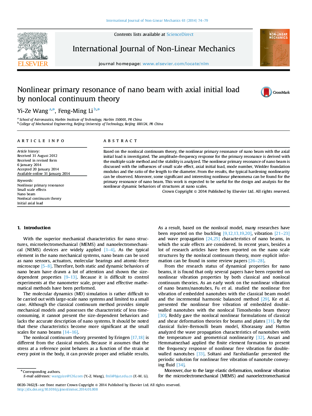 Nonlinear primary resonance of nano beam with axial initial load by nonlocal continuum theory