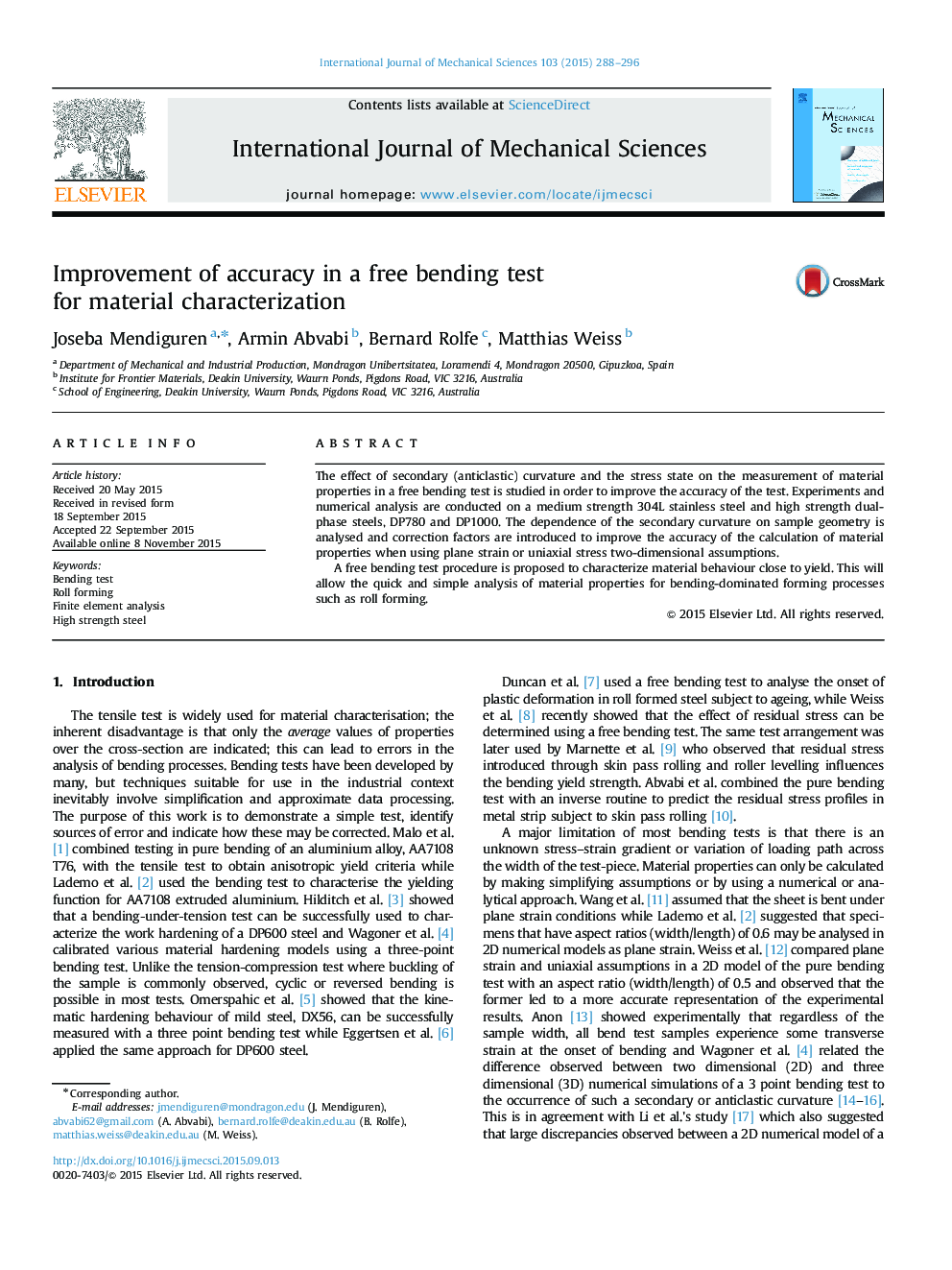Improvement of accuracy in a free bending test for material characterization