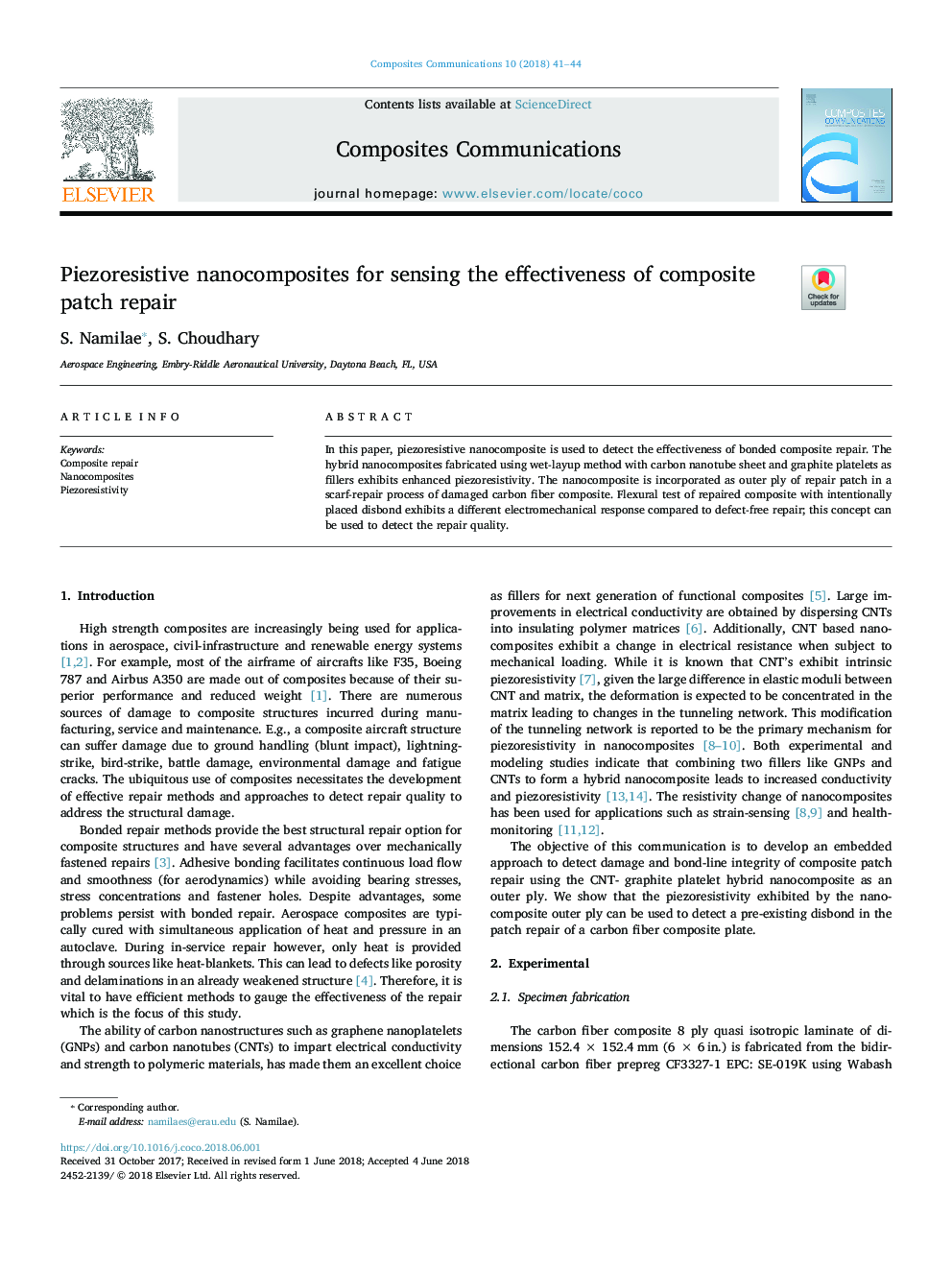 Piezoresistive nanocomposites for sensing the effectiveness of composite patch repair