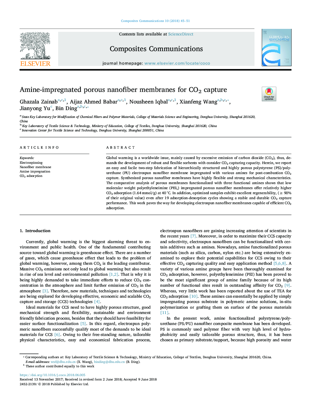 Amine-impregnated porous nanofiber membranes for CO2 capture