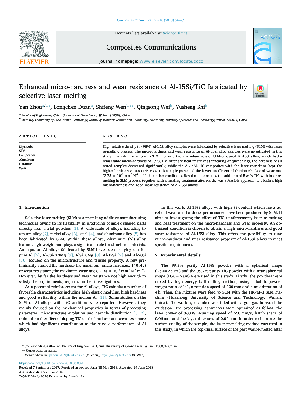 Enhanced micro-hardness and wear resistance of Al-15Si/TiC fabricated by selective laser melting