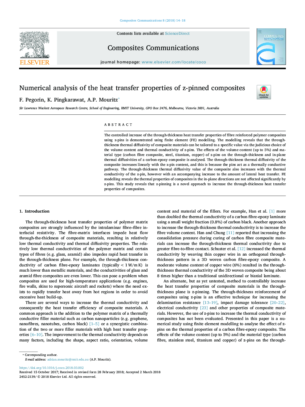 Numerical analysis of the heat transfer properties of z-pinned composites