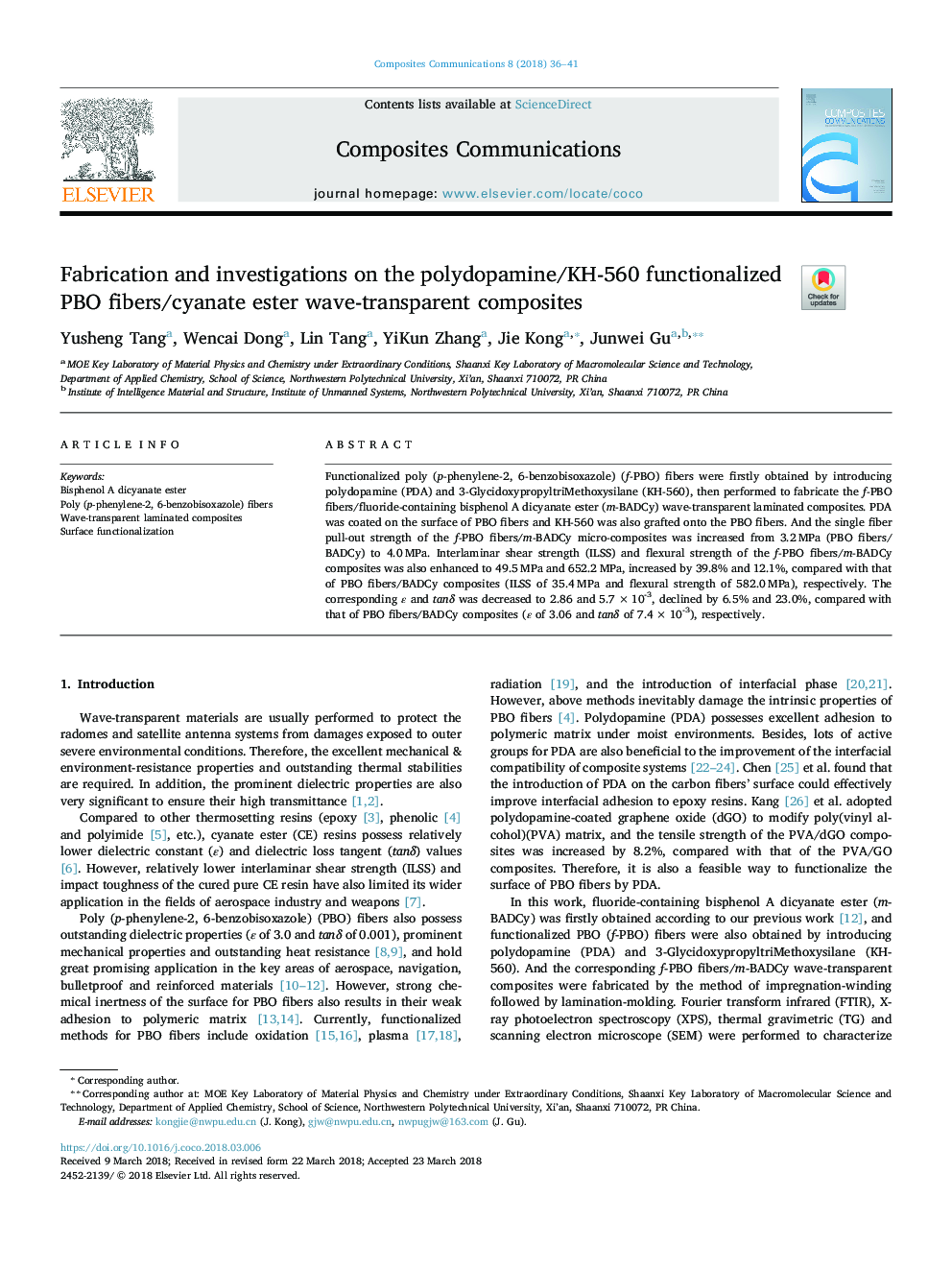 Fabrication and investigations on the polydopamine/KH-560 functionalized PBO fibers/cyanate ester wave-transparent composites