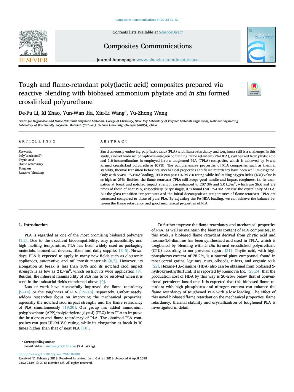 Tough and flame-retardant poly(lactic acid) composites prepared via reactive blending with biobased ammonium phytate and in situ formed crosslinked polyurethane