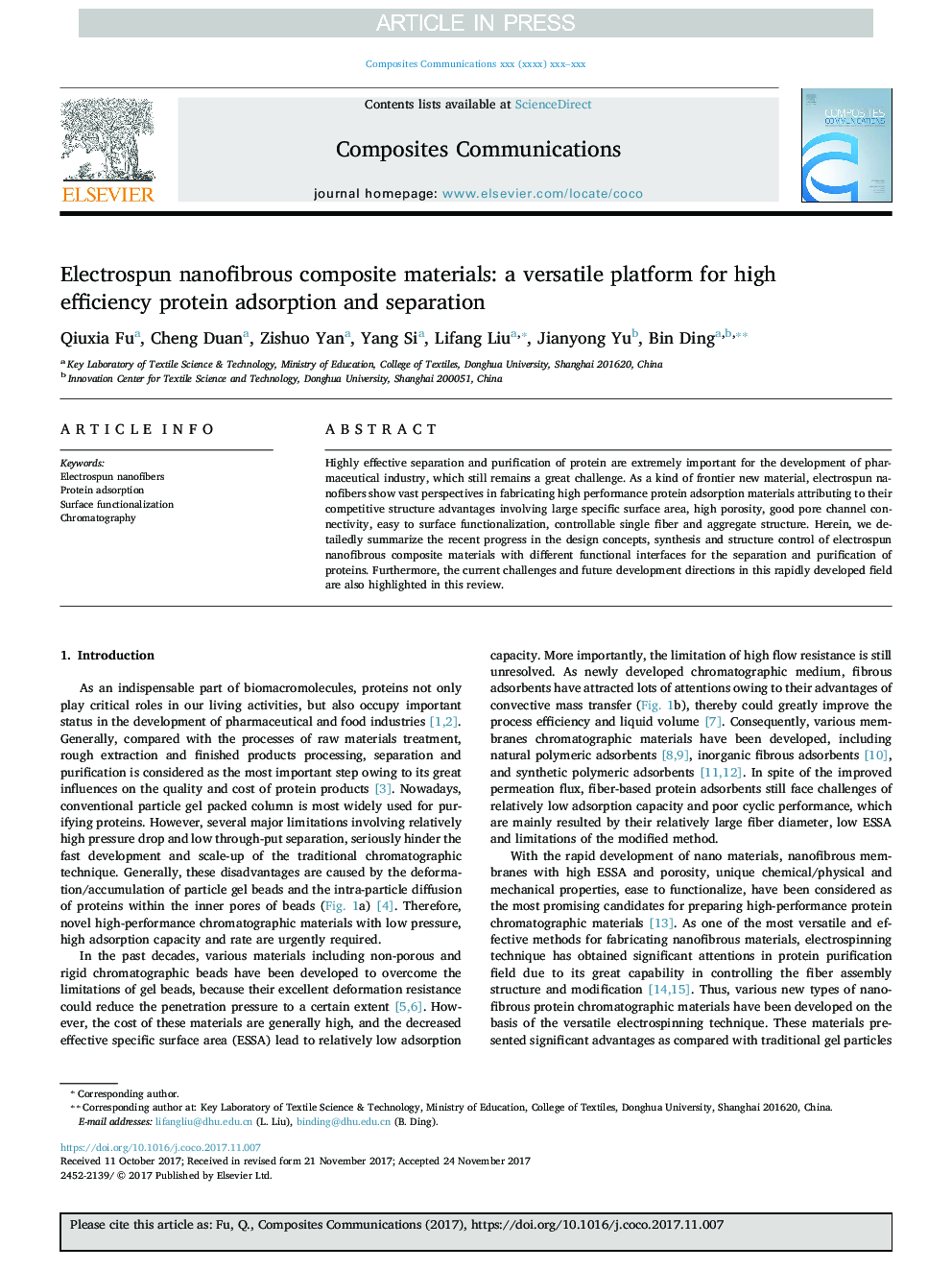 Electrospun nanofibrous composite materials: a versatile platform for high efficiency protein adsorption and separation