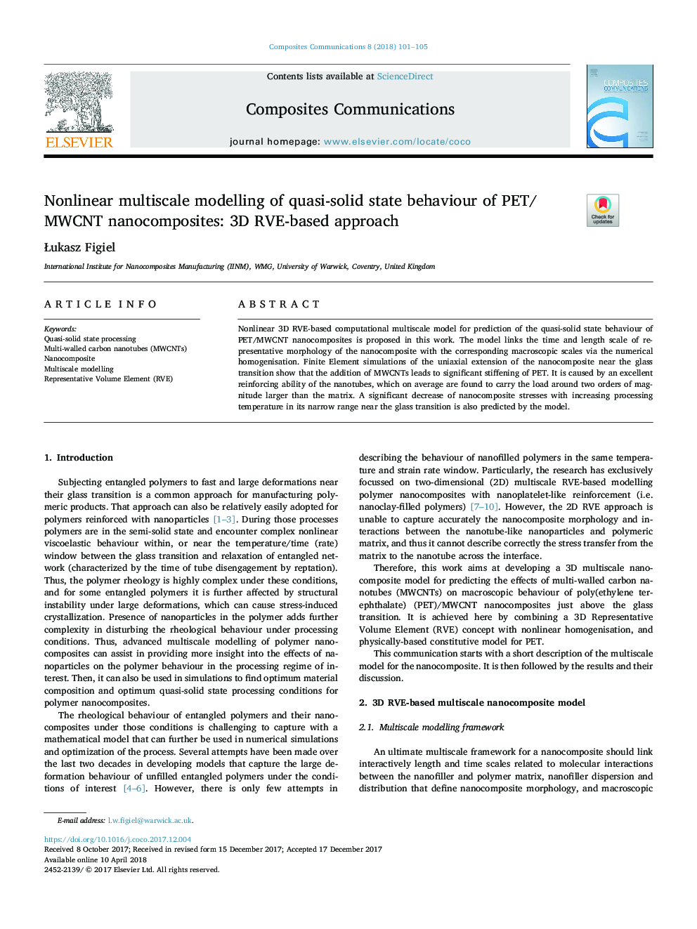 Nonlinear multiscale modelling of quasi-solid state behaviour of PET/MWCNT nanocomposites: 3D RVE-based approach