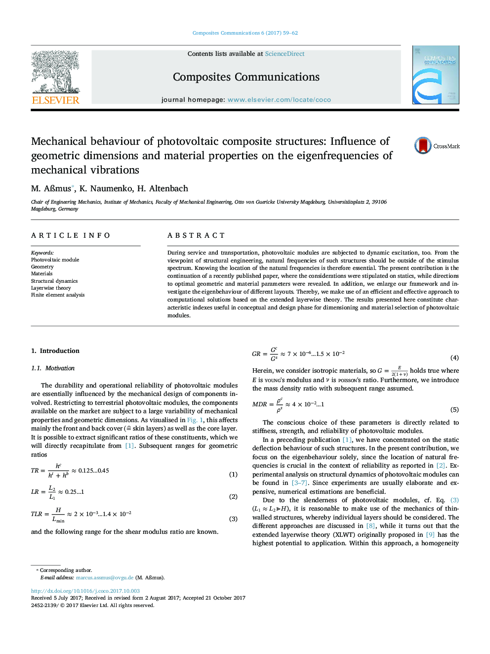 Mechanical behaviour of photovoltaic composite structures: Influence of geometric dimensions and material properties on the eigenfrequencies of mechanical vibrations