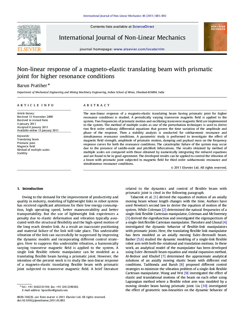 Non-linear response of a magneto-elastic translating beam with prismatic joint for higher resonance conditions