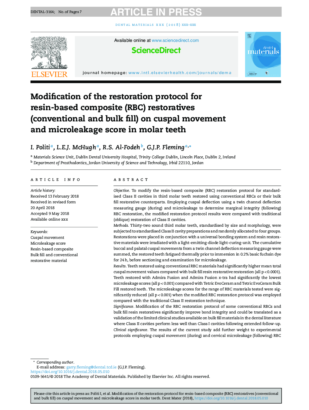 Modification of the restoration protocol for resin-based composite (RBC) restoratives (conventional and bulk fill) on cuspal movement and microleakage score in molar teeth