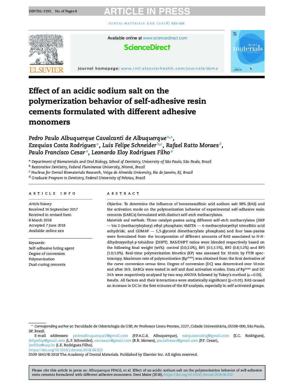 Effect of an acidic sodium salt on the polymerization behavior of self-adhesive resin cements formulated with different adhesive monomers