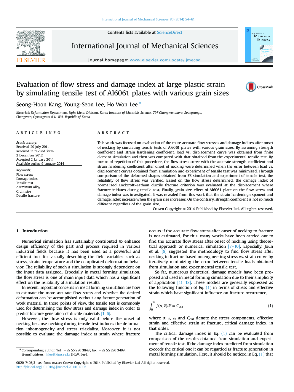 Evaluation of flow stress and damage index at large plastic strain by simulating tensile test of Al6061 plates with various grain sizes