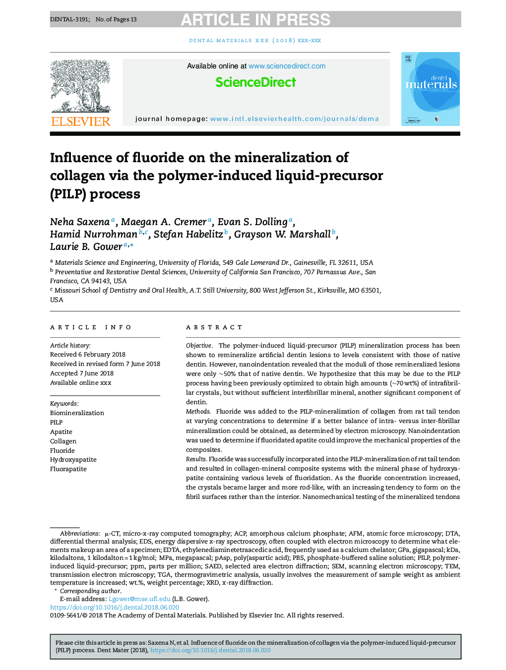 Influence of fluoride on the mineralization of collagen via the polymer-induced liquid-precursor (PILP) process