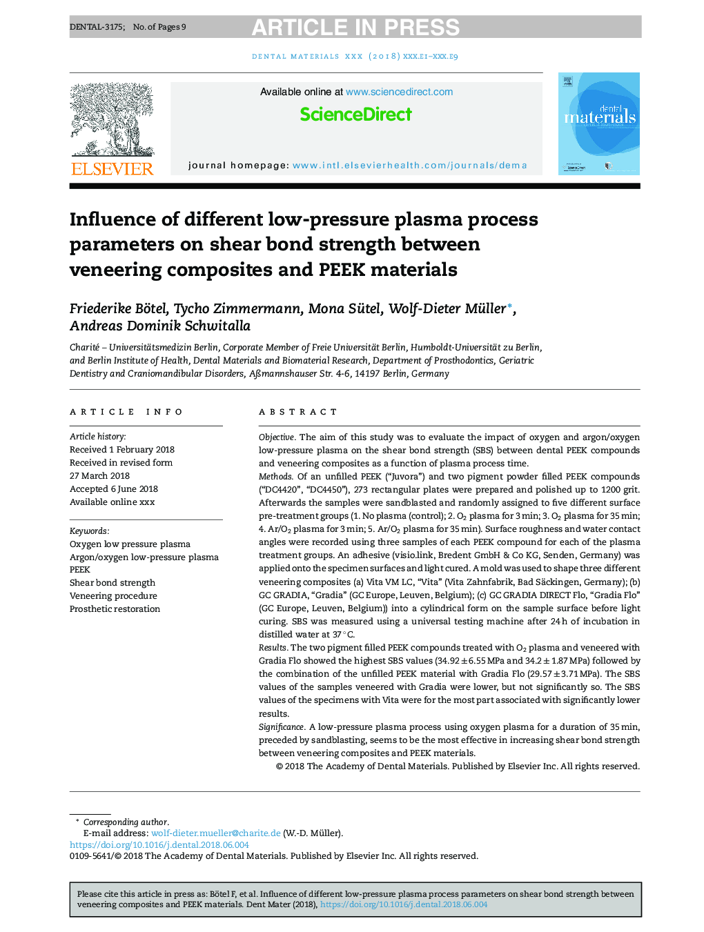 عکس صفحه اول مقاله: Influence of different low-pressure plasma process parameters on shear bond strength between veneering composites and PEEK materials Influence of different low-pressure plasma process parameters on shear bond strength between veneering composites and PEEK materials