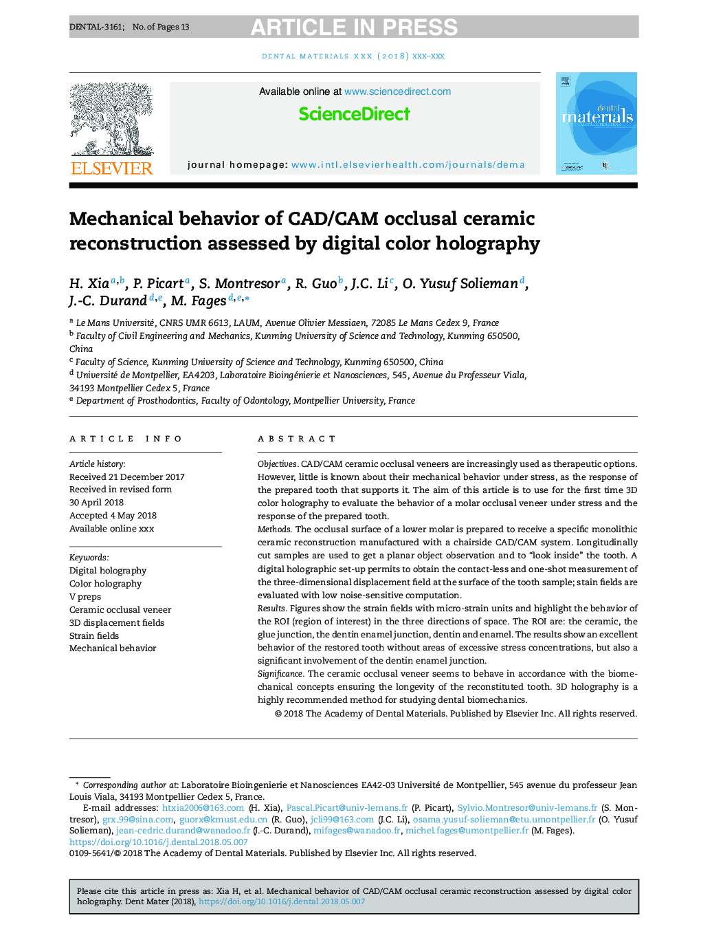 Mechanical behavior of CAD/CAM occlusal ceramic reconstruction assessed by digital color holography
