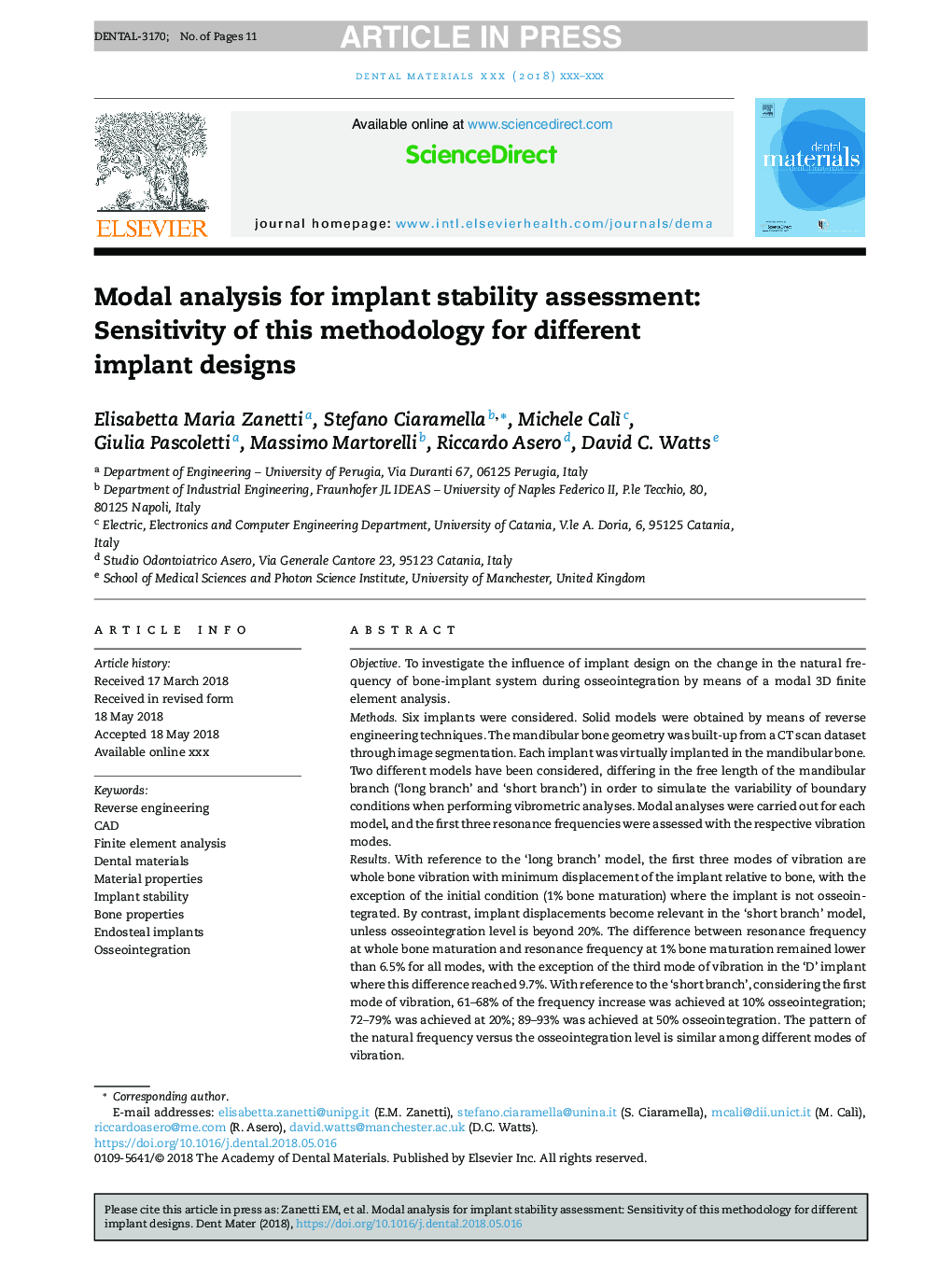 Modal analysis for implant stability assessment: Sensitivity of this methodology for different implant designs