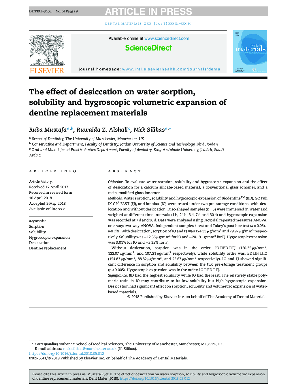 The effect of desiccation on water sorption, solubility and hygroscopic volumetric expansion of dentine replacement materials