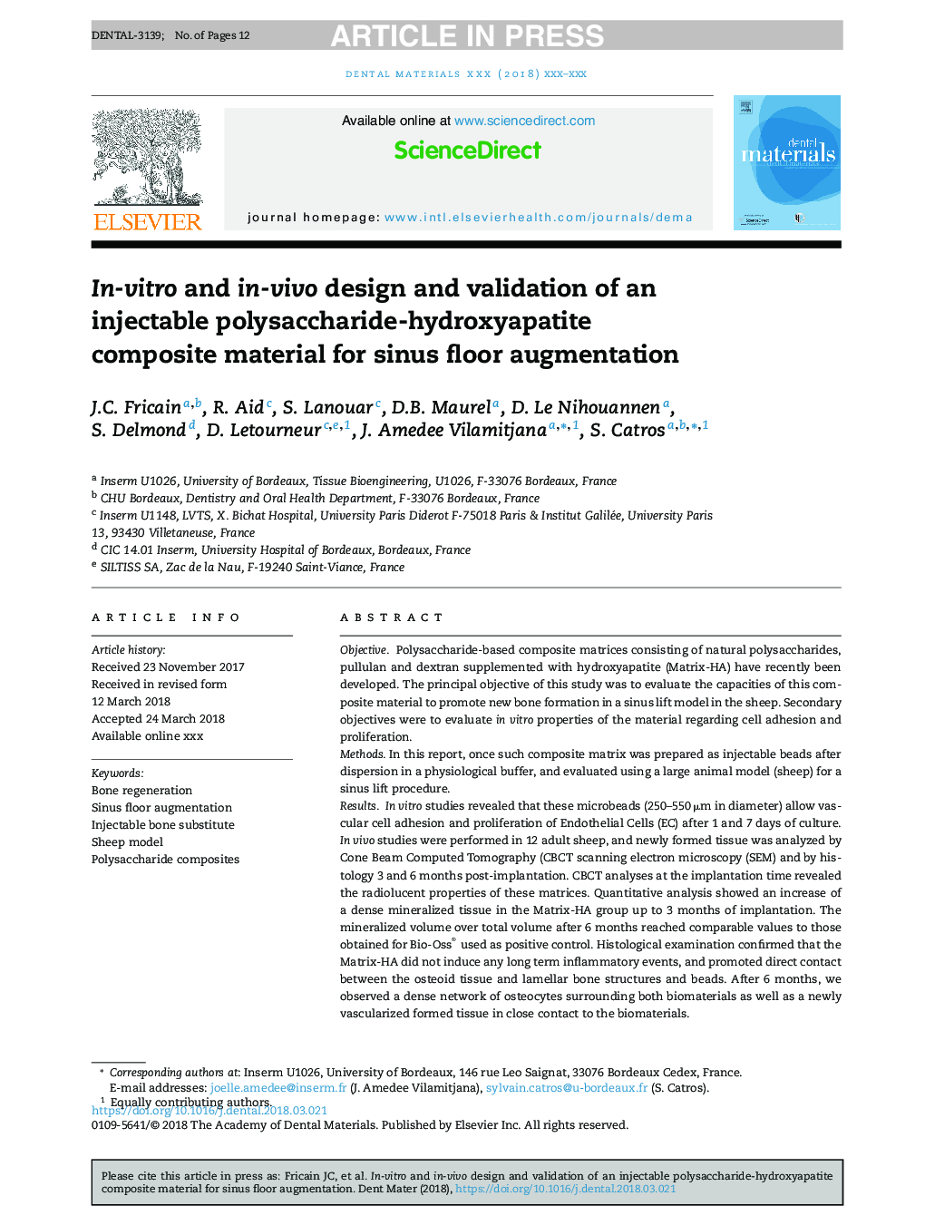 In-vitro and in-vivo design and validation of an injectable polysaccharide-hydroxyapatite composite material for sinus floor augmentation