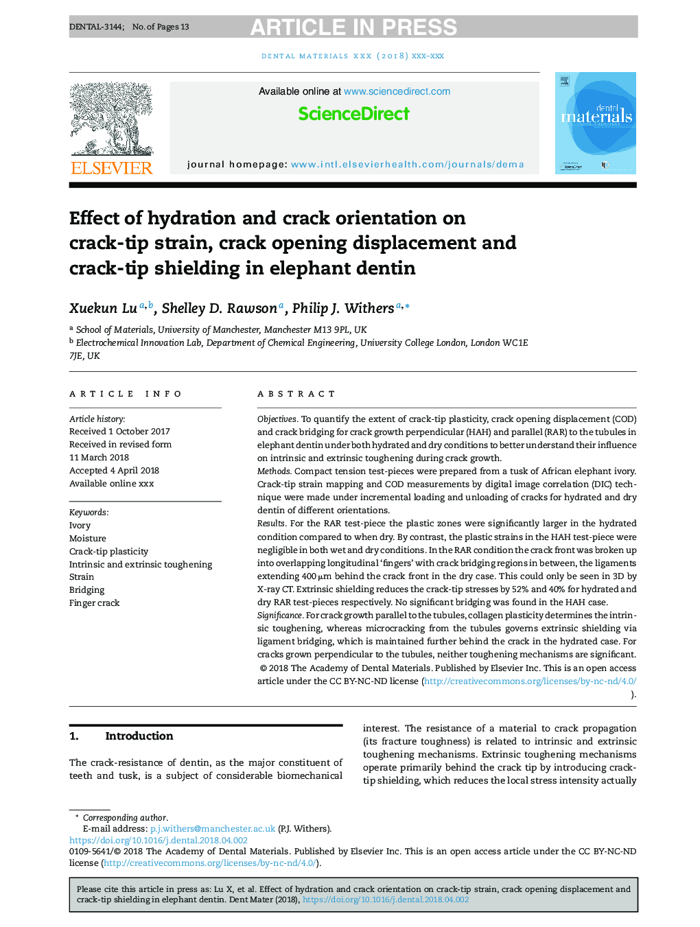 Effect of hydration and crack orientation on crack-tip strain, crack opening displacement and crack-tip shielding in elephant dentin