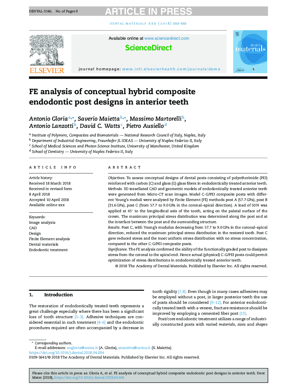 FE analysis of conceptual hybrid composite endodontic post designs in anterior teeth