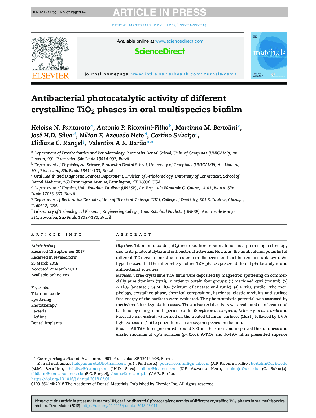 Antibacterial photocatalytic activity of different crystalline TiO2 phases in oral multispecies biofilm