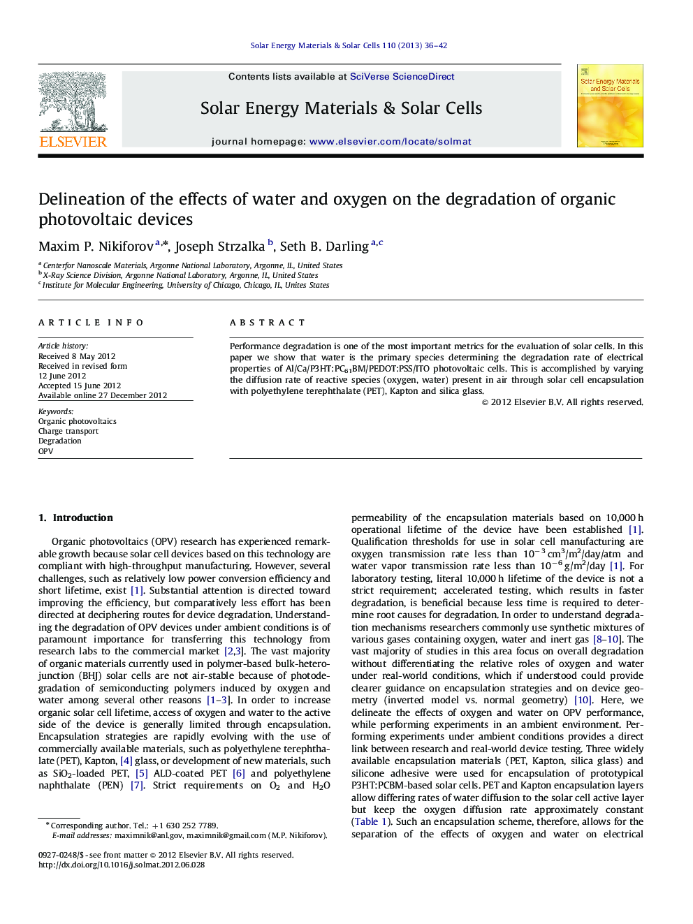 Delineation of the effects of water and oxygen on the degradation of organic photovoltaic devices