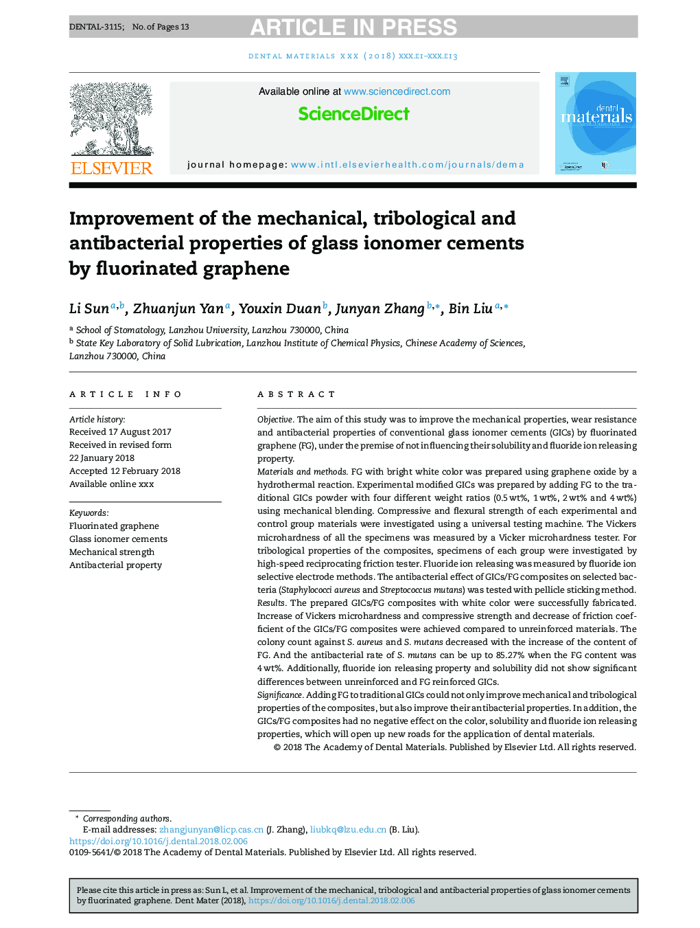 بهبود خواص مکانیکی، تریبولوژیکی و ضد باکتریایی سمان های آینه ای شیشه ای توسط گرافن فلورین 