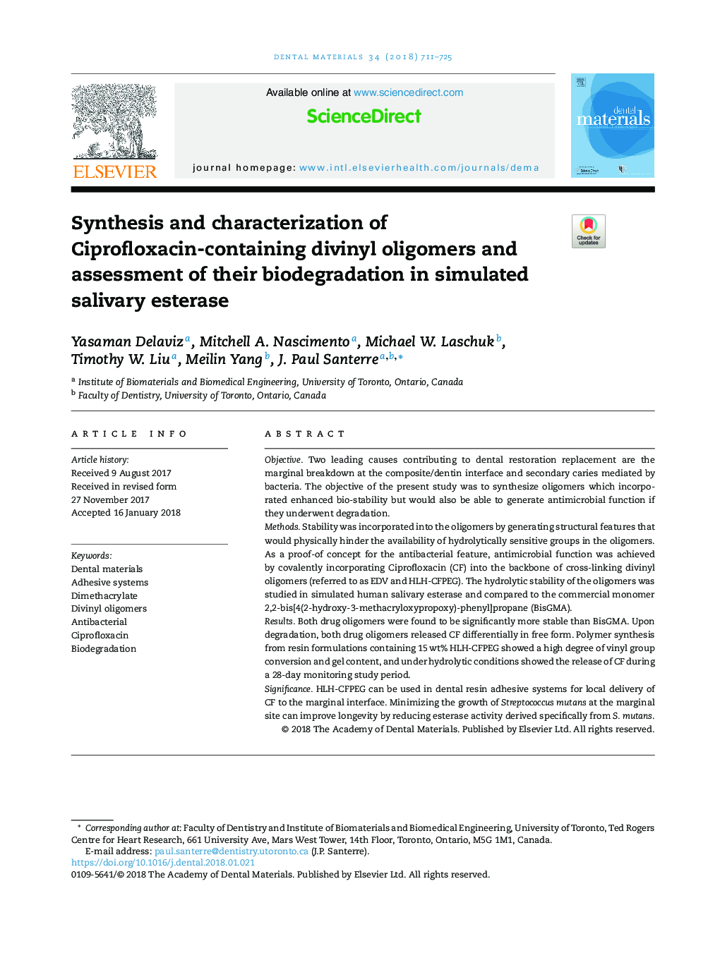 Synthesis and characterization of Ciprofloxacin-containing divinyl oligomers and assessment of their biodegradation in simulated salivary esterase
