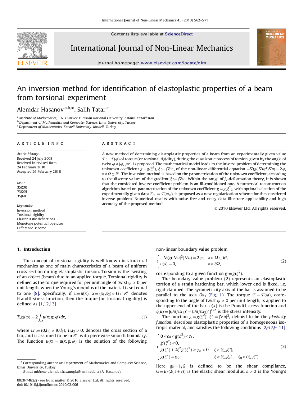 An inversion method for identification of elastoplastic properties of a beam from torsional experiment