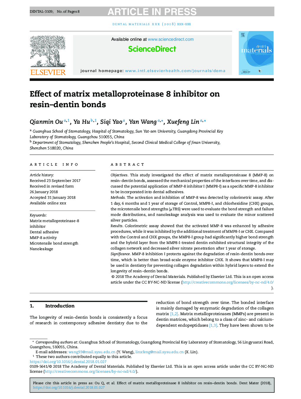 Effect of matrix metalloproteinase 8 inhibitor on resin-dentin bonds