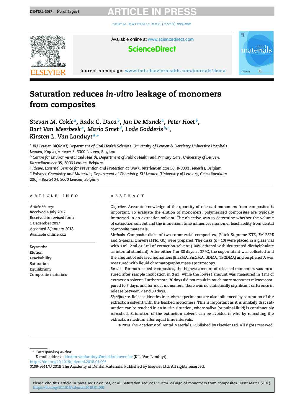 Saturation reduces in-vitro leakage of monomers from composites