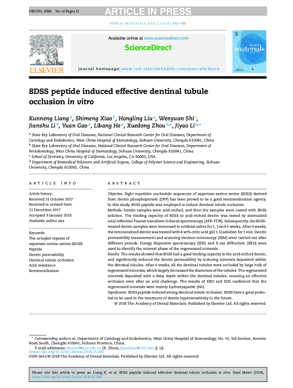 8DSS peptide induced effective dentinal tubule occlusion in vitro