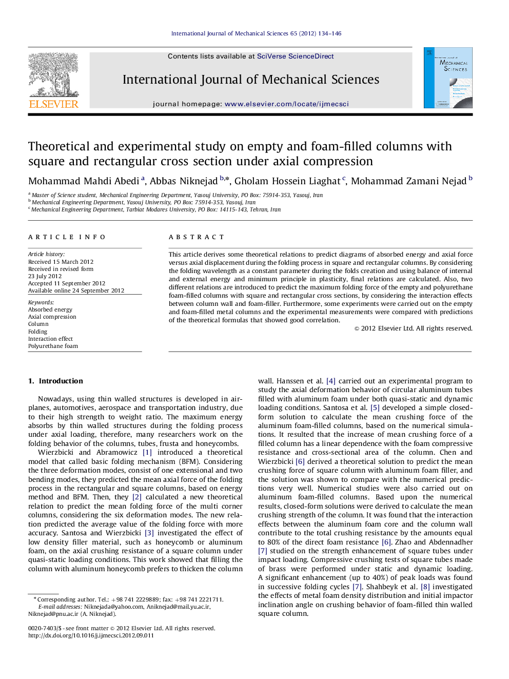 Theoretical and experimental study on empty and foam-filled columns with square and rectangular cross section under axial compression