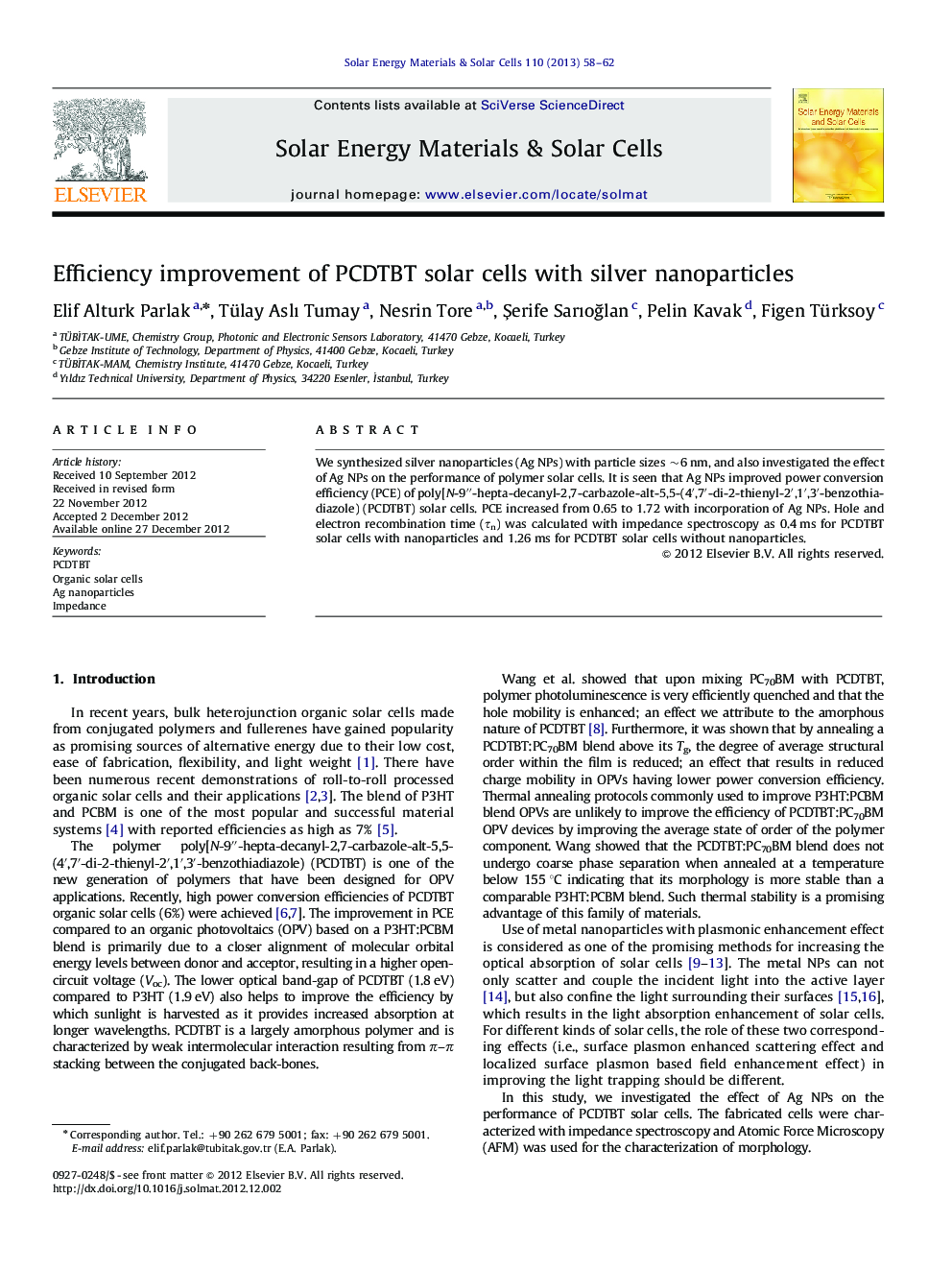 Efficiency improvement of PCDTBT solar cells with silver nanoparticles