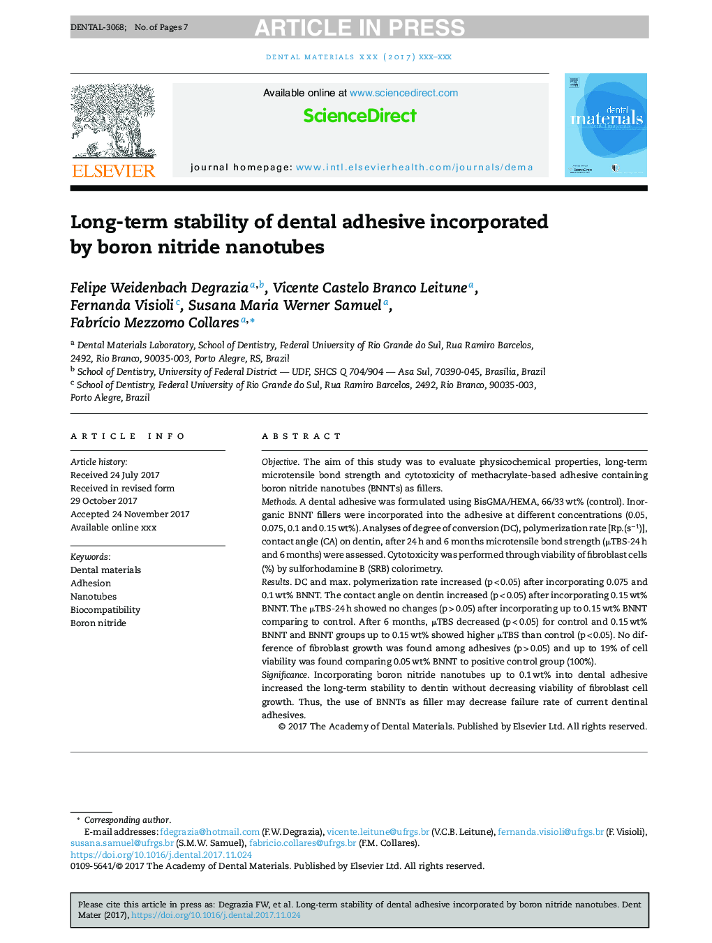 Long-term stability of dental adhesive incorporated by boron nitride nanotubes