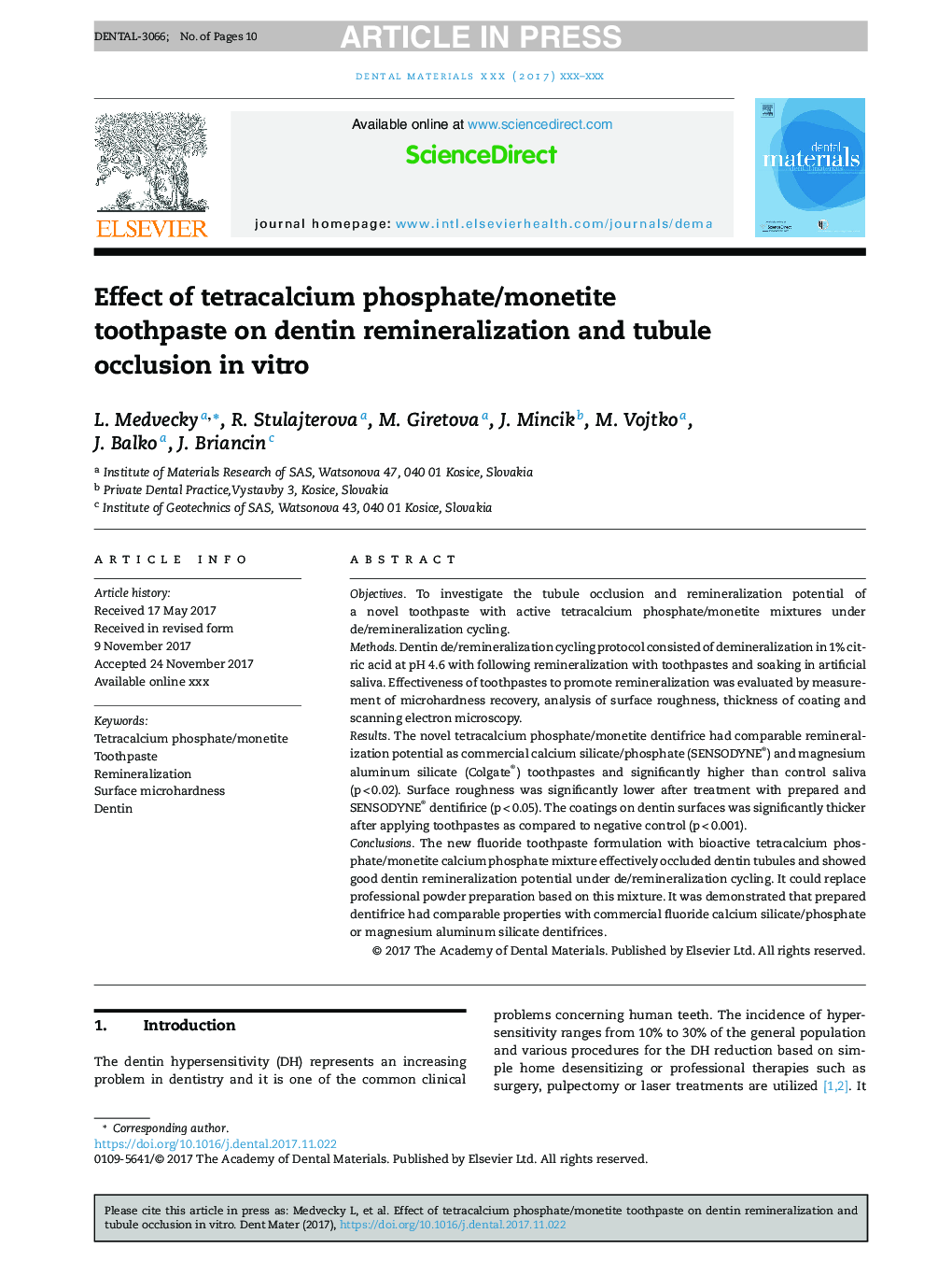 Effect of tetracalcium phosphate/monetite toothpaste on dentin remineralization and tubule occlusion in vitro