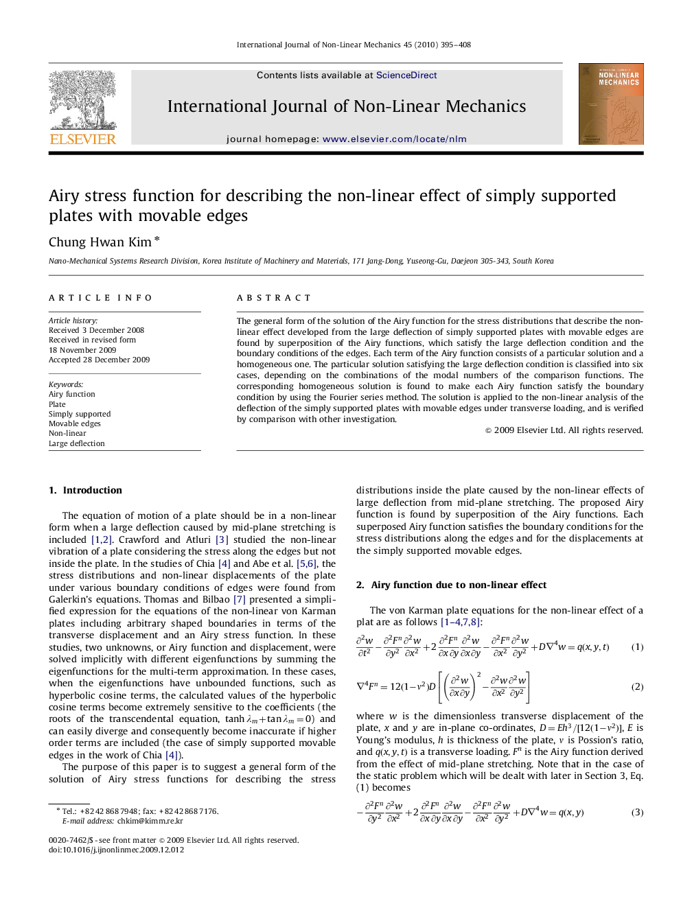 Airy stress function for describing the non-linear effect of simply supported plates with movable edges