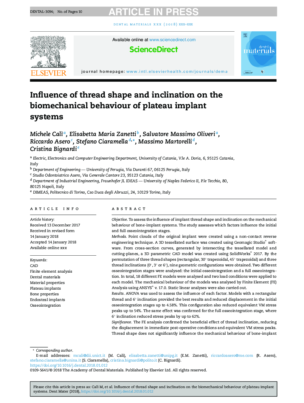 Influence of thread shape and inclination on the biomechanical behaviour of plateau implant systems