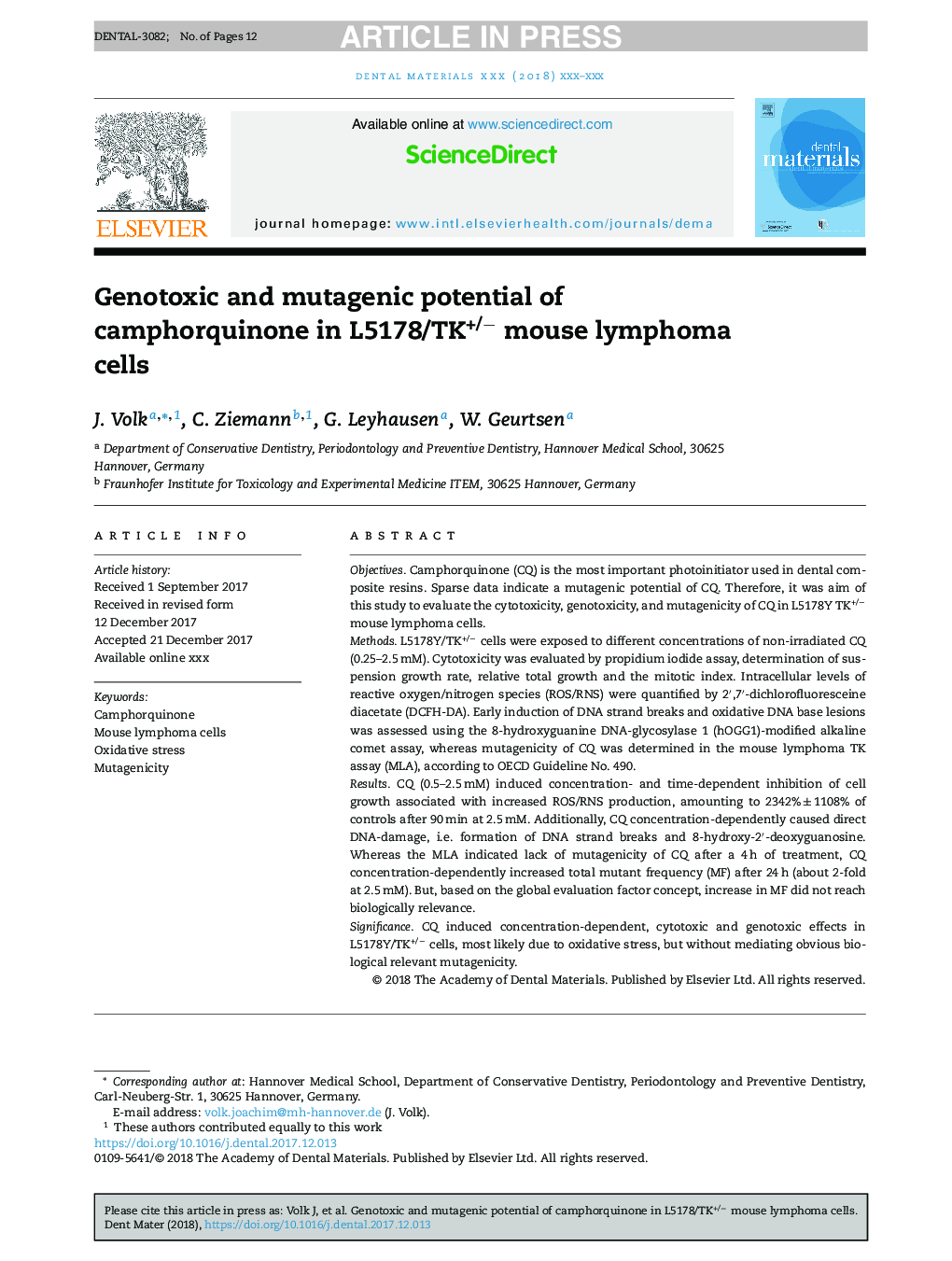 Genotoxic and mutagenic potential of camphorquinone in L5178/TK+/â mouse lymphoma cells