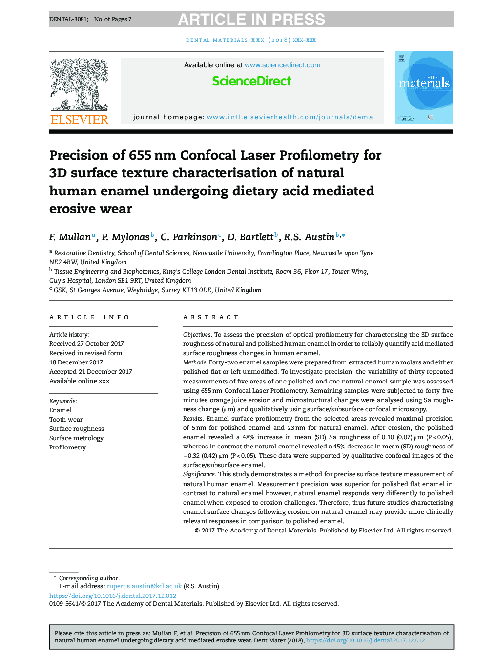 Precision of 655Â nm Confocal Laser Profilometry for 3D surface texture characterisation of natural human enamel undergoing dietary acid mediated erosive wear