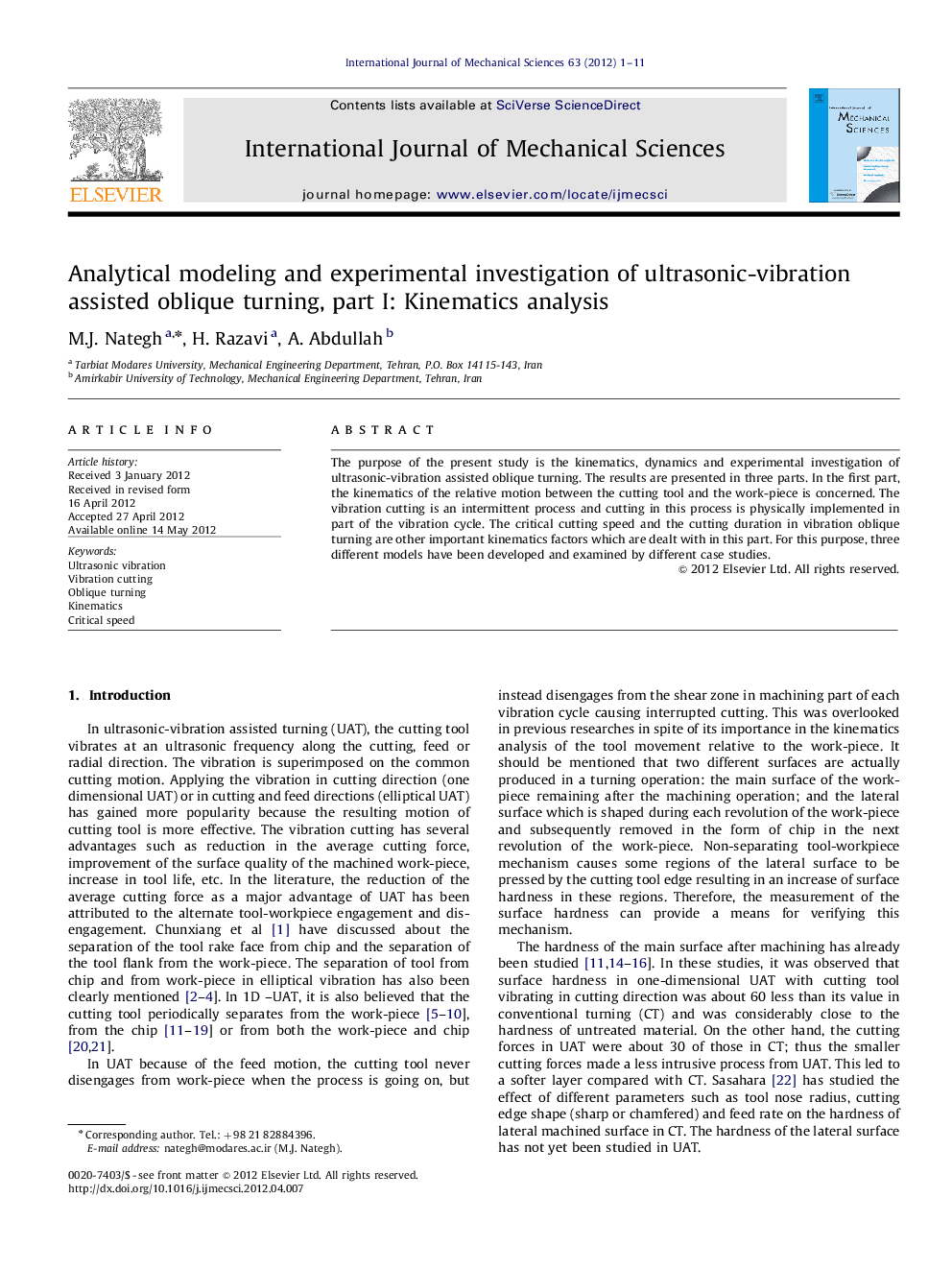 Analytical modeling and experimental investigation of ultrasonic-vibration assisted oblique turning, part I: Kinematics analysis