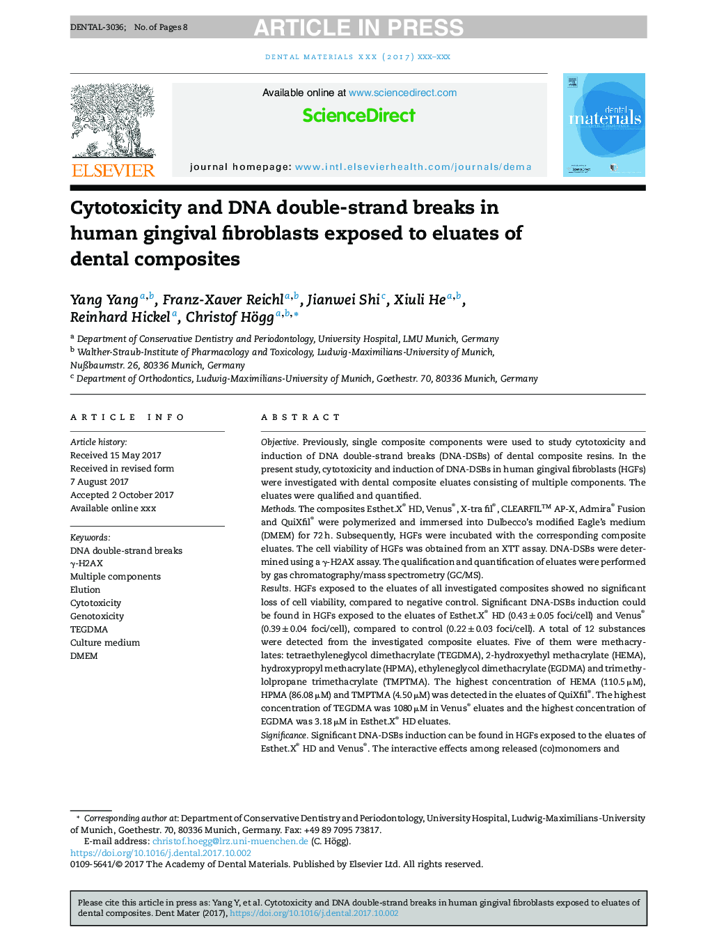 Cytotoxicity and DNA double-strand breaks in human gingival fibroblasts exposed to eluates of dental composites