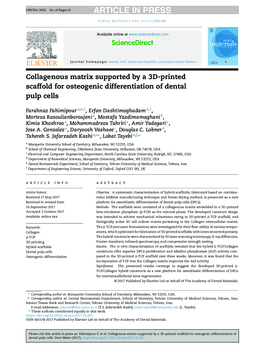 Collagenous matrix supported by a 3D-printed scaffold for osteogenic differentiation of dental pulp cells