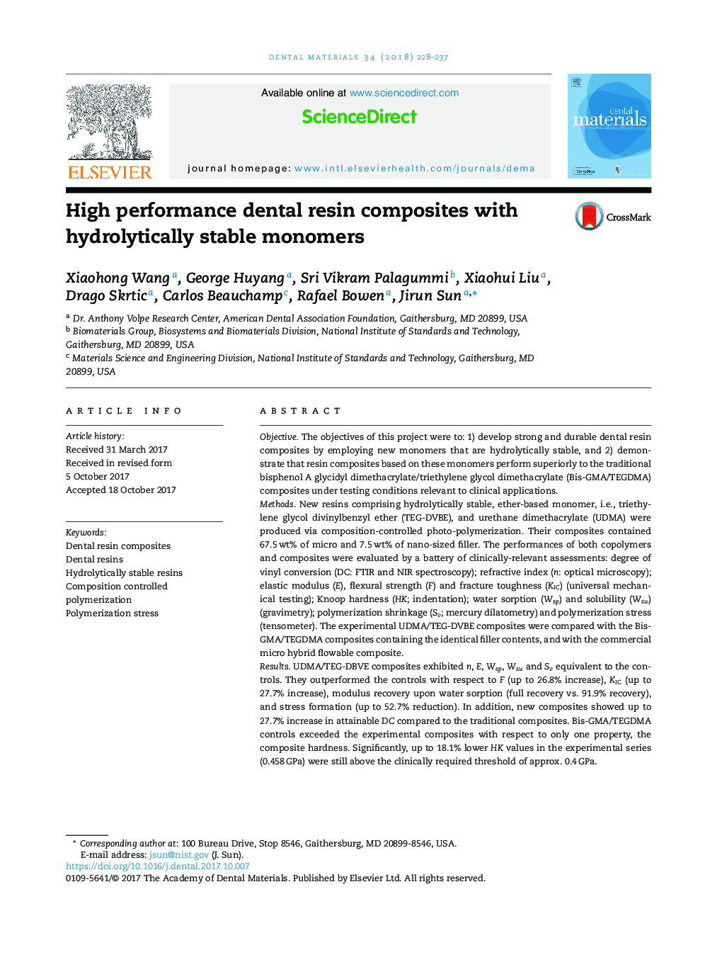 High performance dental resin composites with hydrolytically stable monomers