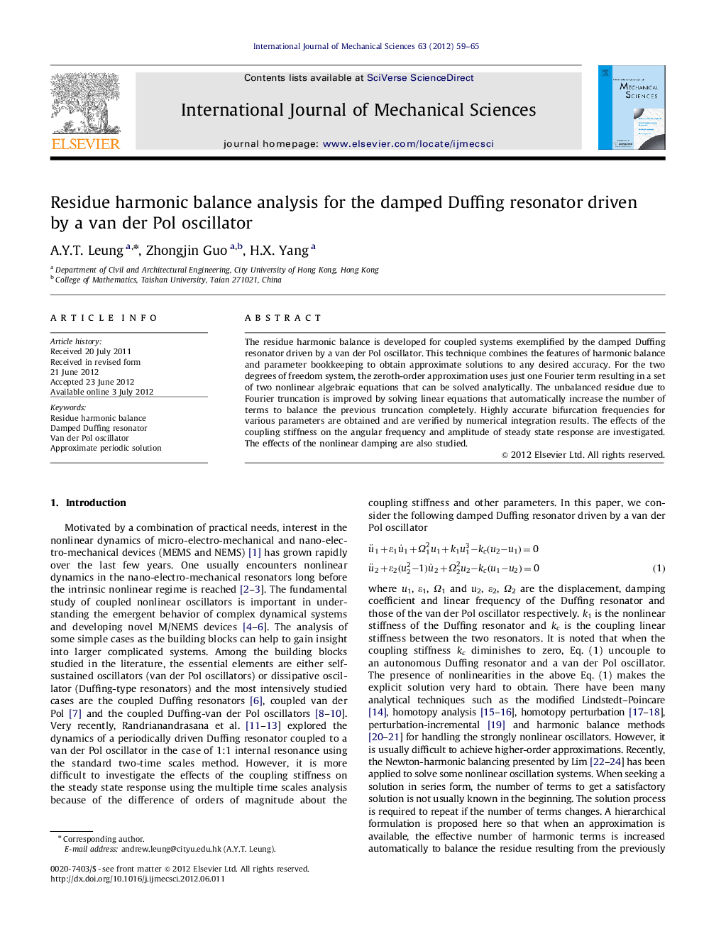 Residue harmonic balance analysis for the damped Duffing resonator driven by a van der Pol oscillator