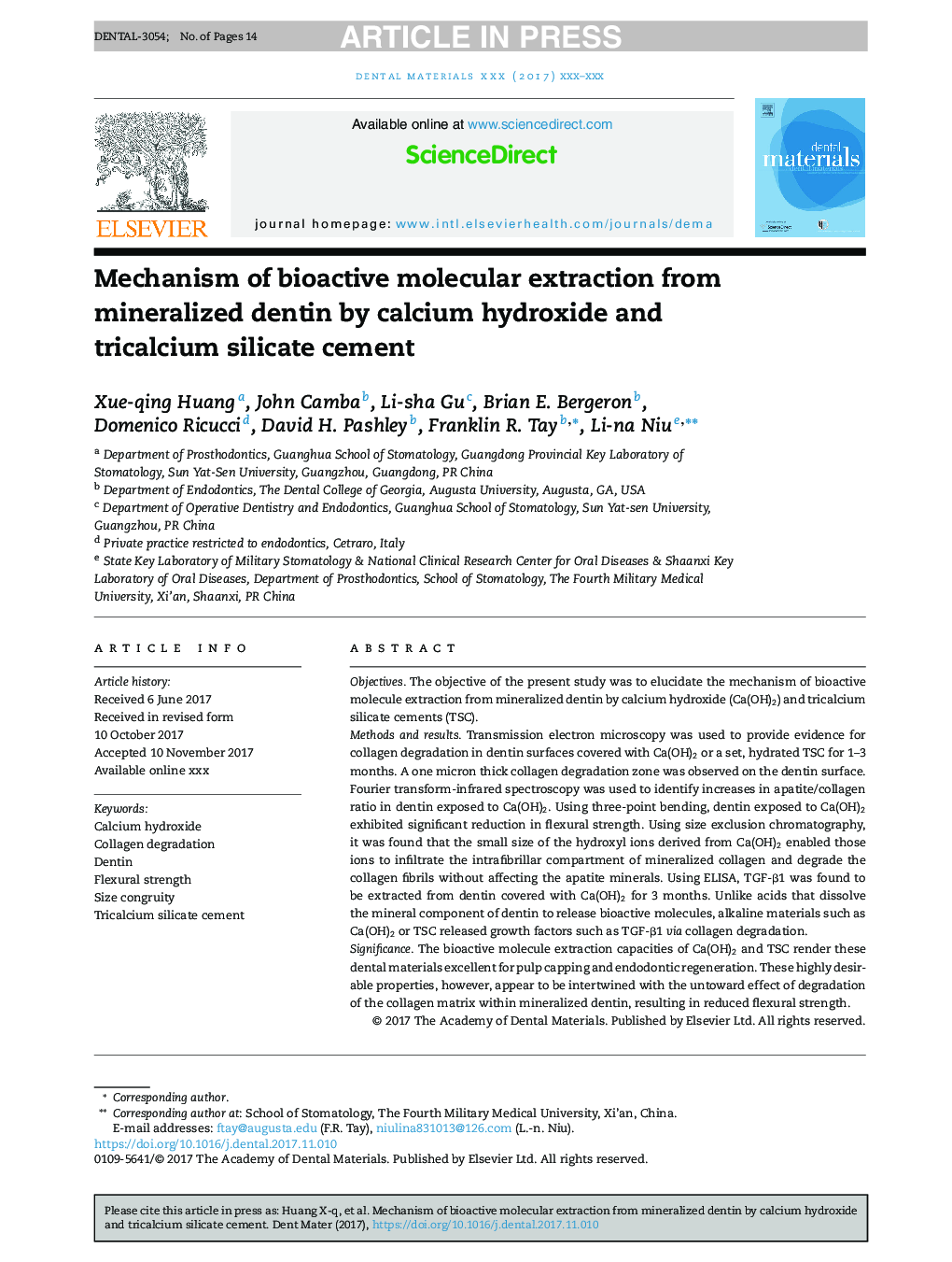 Mechanism of bioactive molecular extraction from mineralized dentin by calcium hydroxide and tricalcium silicate cement