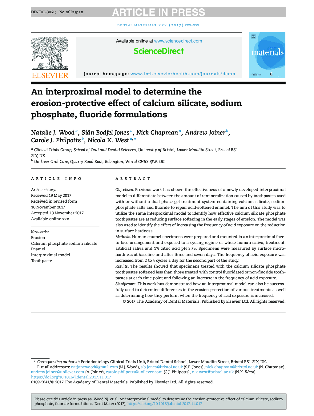 An interproximal model to determine the erosion-protective effect of calcium silicate, sodium phosphate, fluoride formulations