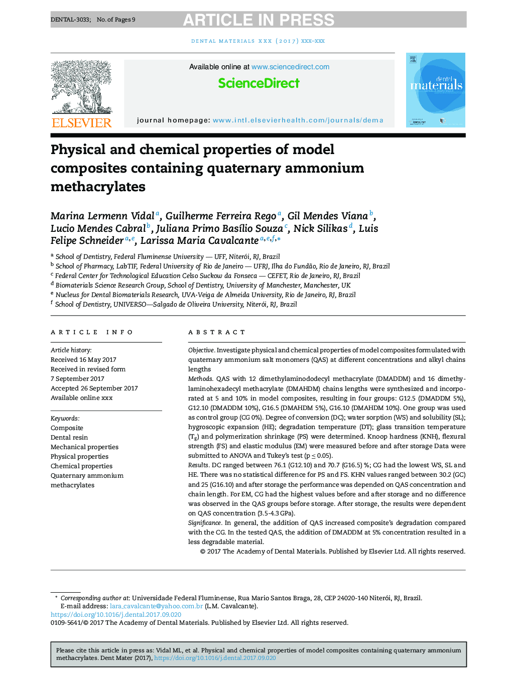 خواص فیزیکی و شیمیایی کامپوزیت های مدل که شامل متاکریلات آمونیوم کواترنری است 