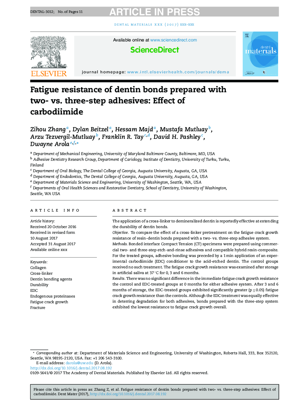 Fatigue resistance of dentin bonds prepared with two- vs. three-step adhesives: Effect of carbodiimide