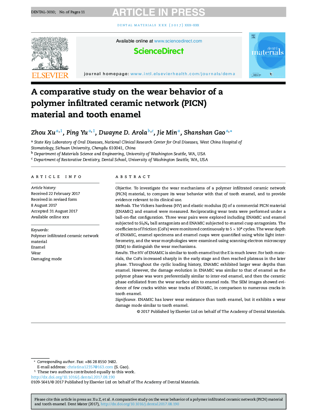 A comparative study on the wear behavior of a polymer infiltrated ceramic network (PICN) material and tooth enamel