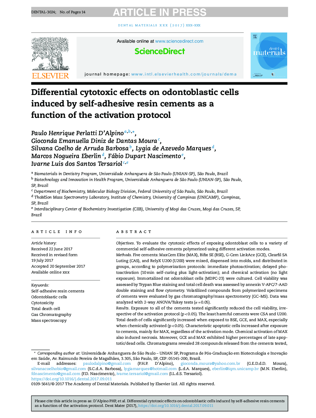 Differential cytotoxic effects on odontoblastic cells induced by self-adhesive resin cements as a function of the activation protocol